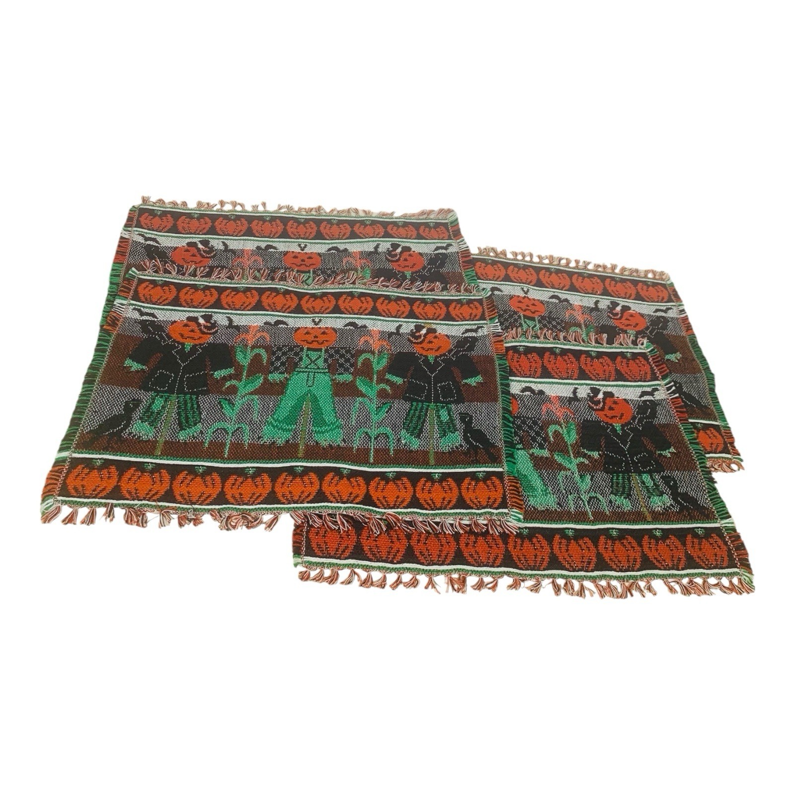 Scarecrow Pumpkin Tapestry Placemats Set of 4 Fringe Black Orange Jack O Lantern