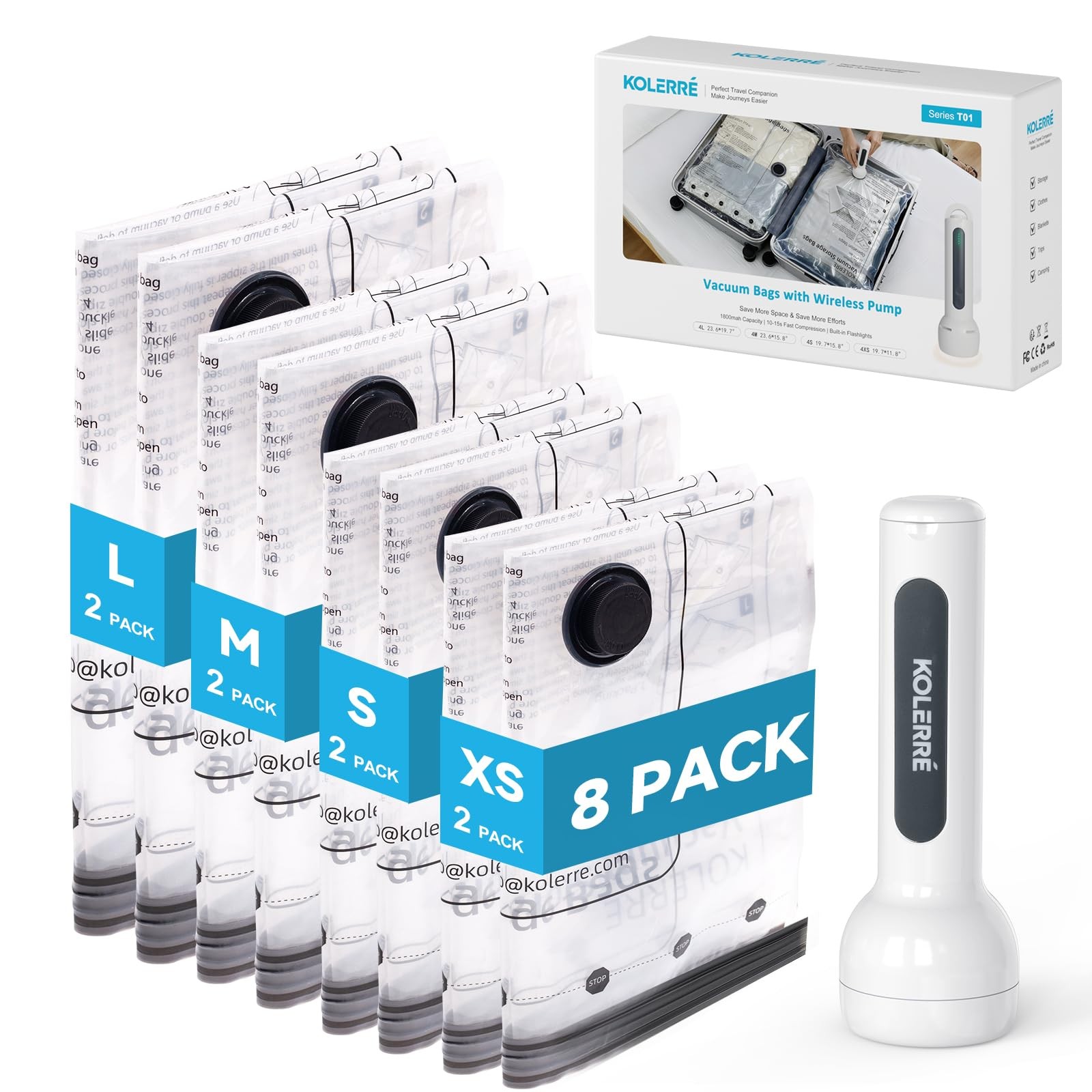 Travel Vacuum Bags with 2026 Lastest Wireless Pump, 8 Pack-4 Sizes Space Saver V