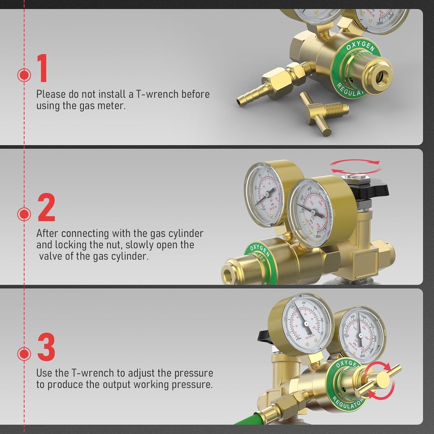 Acetylene & Oxygen Regulator, CGA540 & CGA200, with T-Handle & Hose Connector