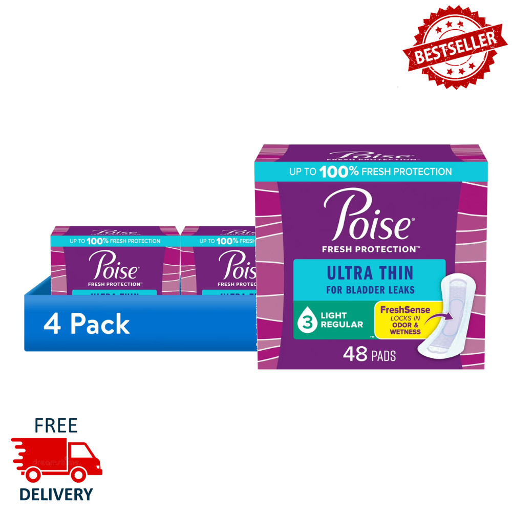4 Pack Poise Ultra Thin Incontinence Pads, Light Absorbency, 48 Count, 192 Total