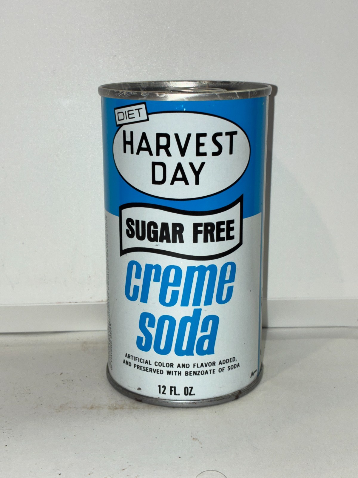 Diet Harvest Day Sugar Free Creme Soda can, bottom opened