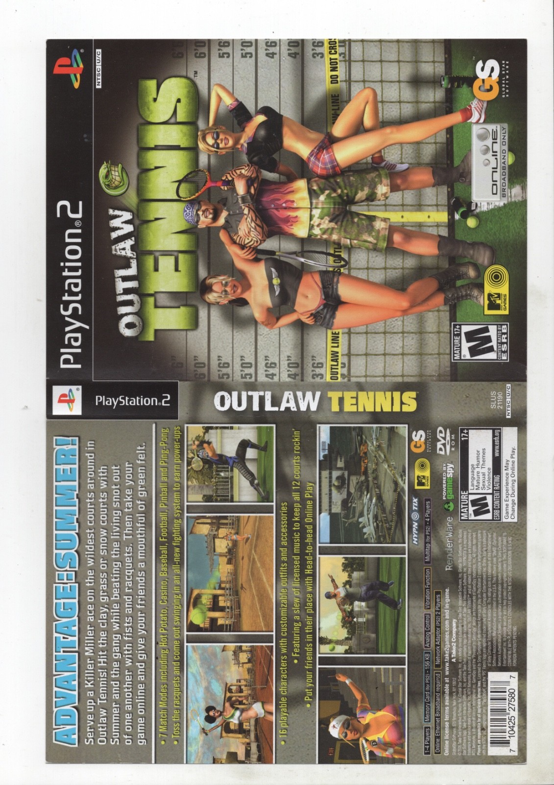 Outlaw Tennis PS2 Artwork Only Authentic Original