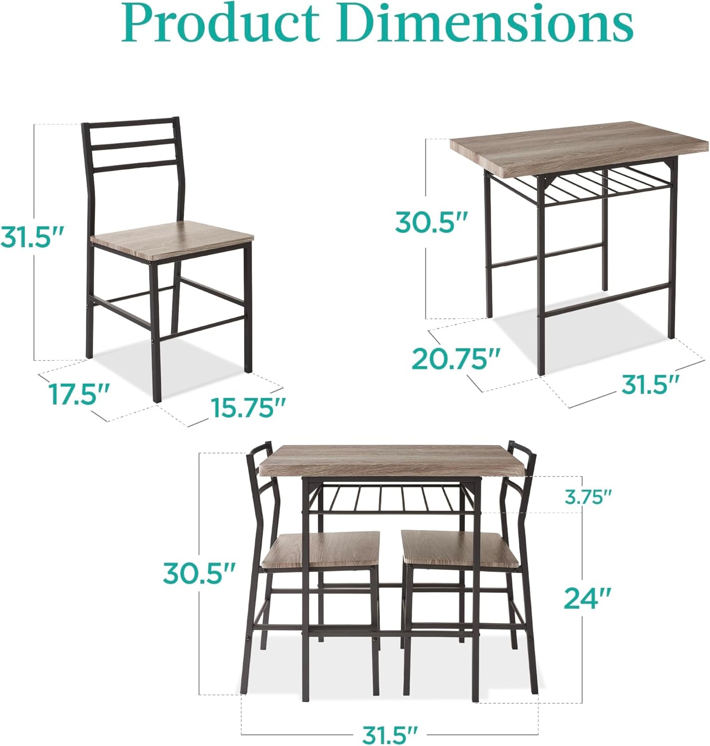 3-Piece Modern Dining Set Space Saving Dinette Kitchen Dining Room Small Space
