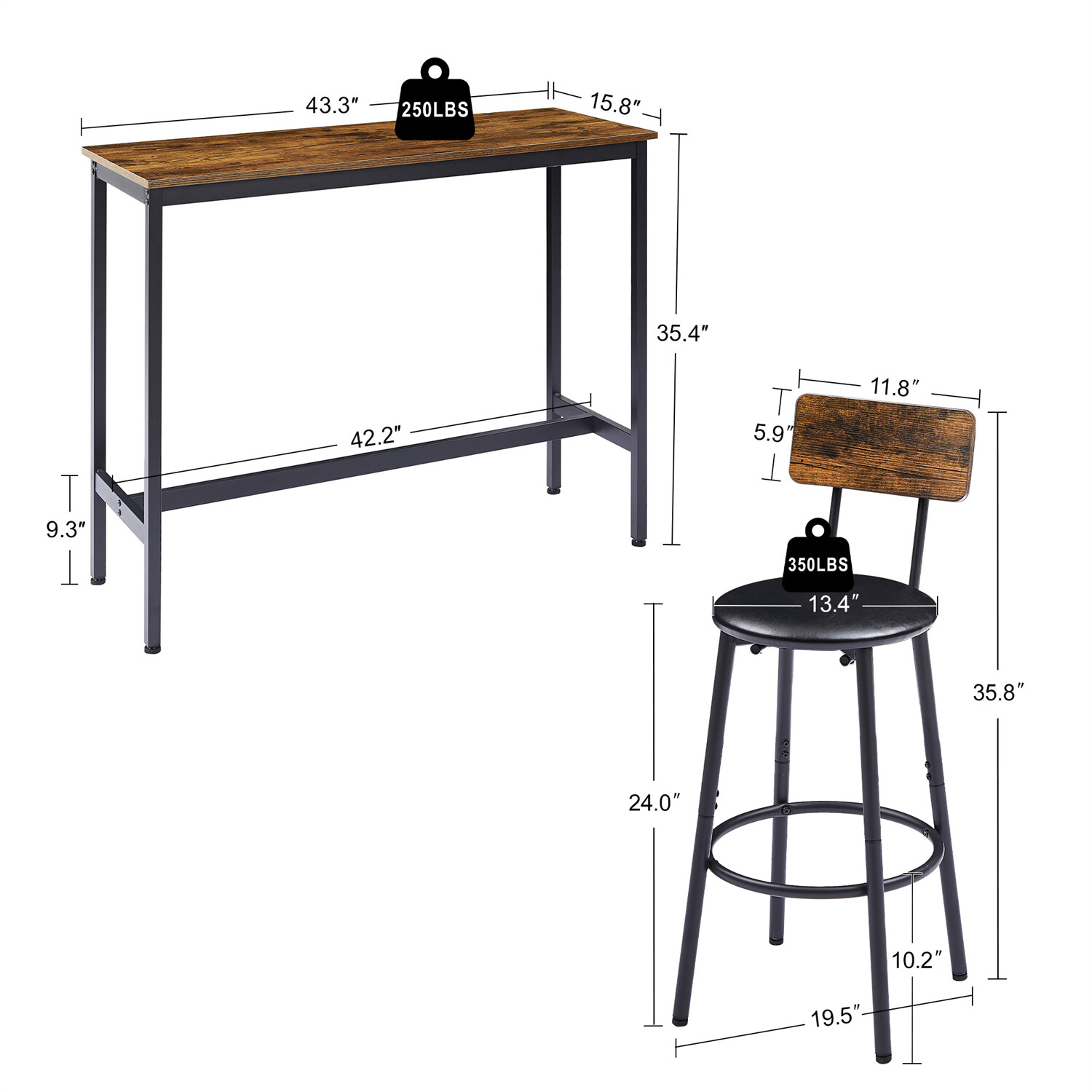 3 Piece Bar Table Set Counter Height Kitchen Pub Tables w/ 2 Bar Stools