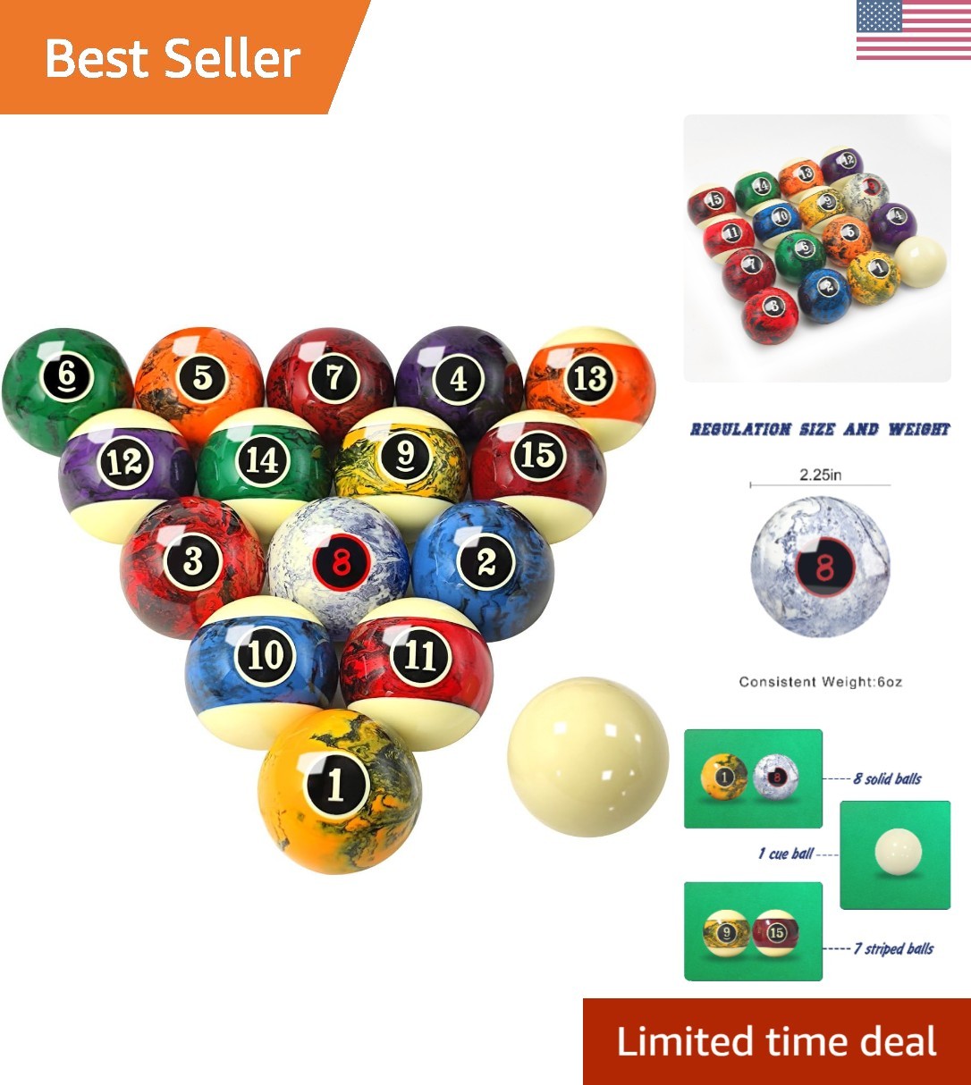 16-Piece Elite Marble Swirl Billiard Balls - Perfect for Players of All Levels