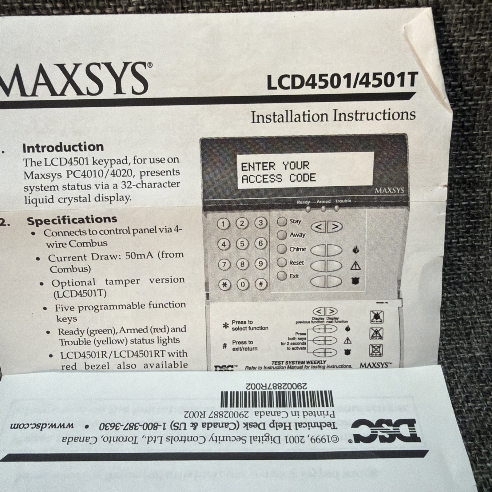 NEW DSC MAXSYS LCD4501 Programmable Message LCD-4501 Keypad for PC4010 & PC4020