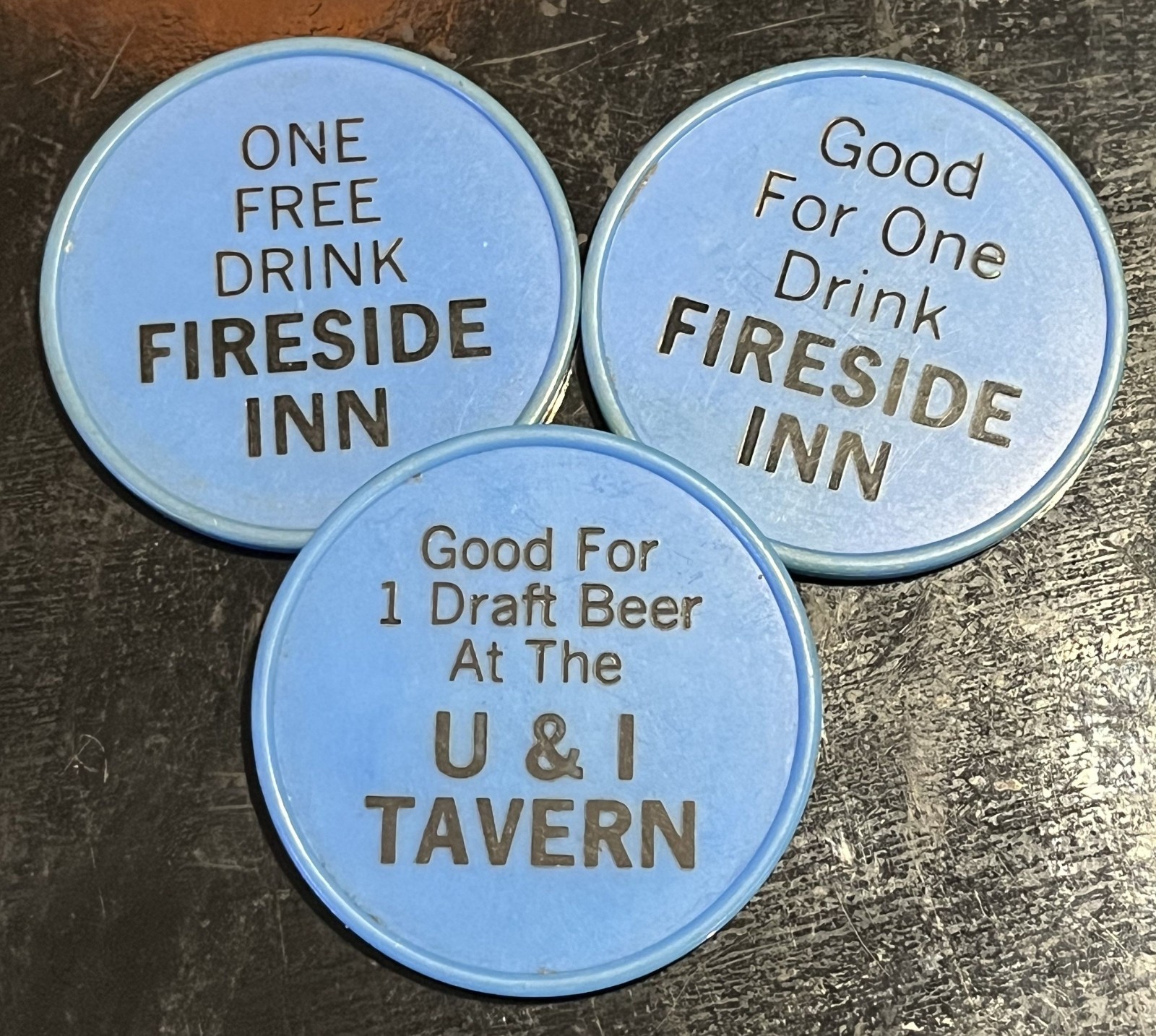 3 DRINK TAVERN BEER CHIPS • FIRESIDE INN + U & I  TAVERN • from KENT, WASHINGTON