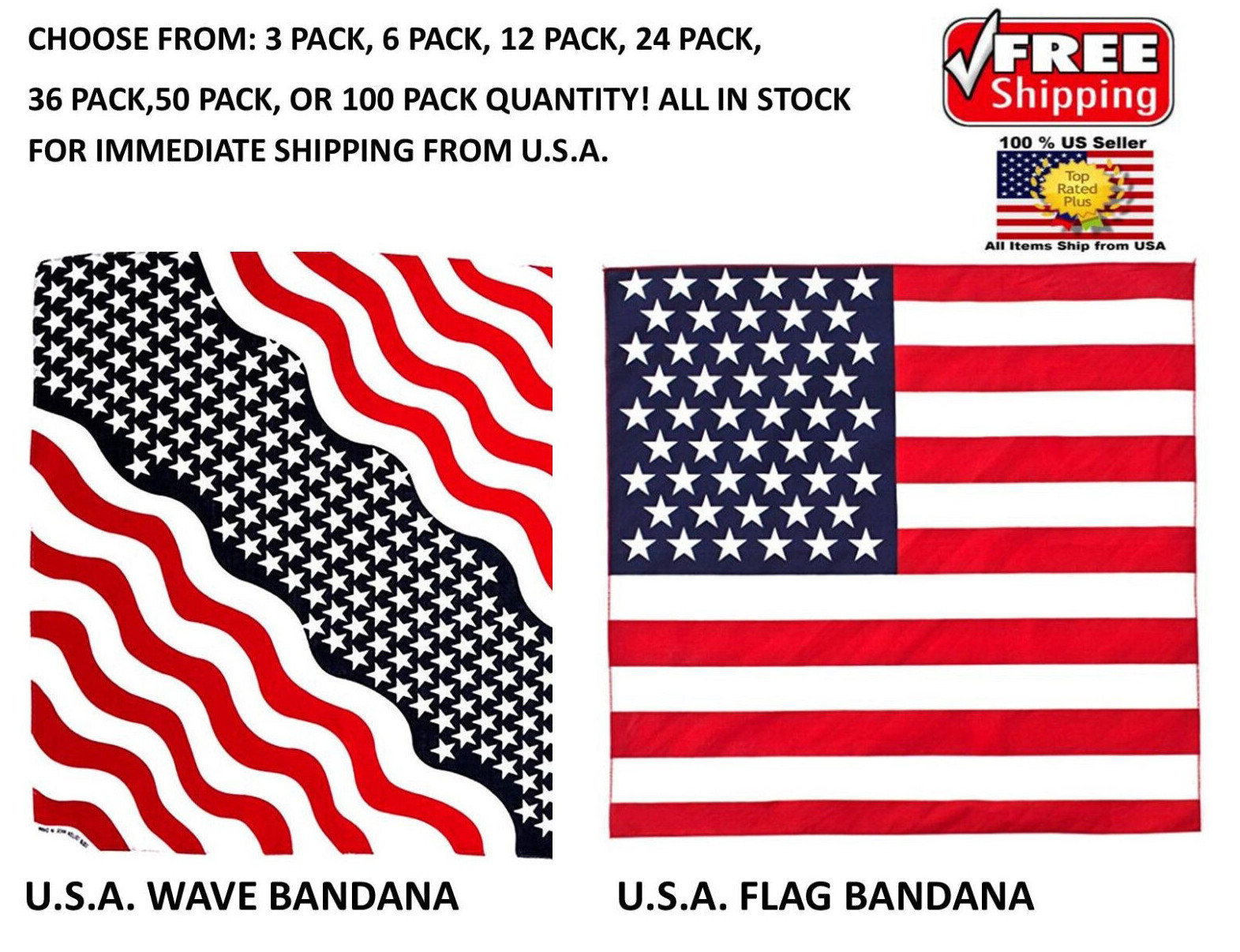 3/6/12/24/36/50/100  Pack USA America Wavy Flag 100% Cotton Bandana 22"x22"