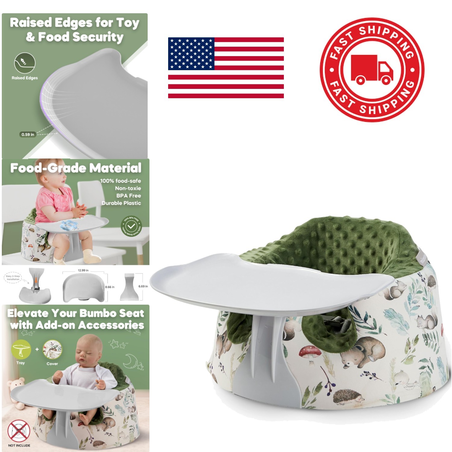 Seat Cover and Tray Set Compatible with Bumbo Floor Seat for Baby Forest White