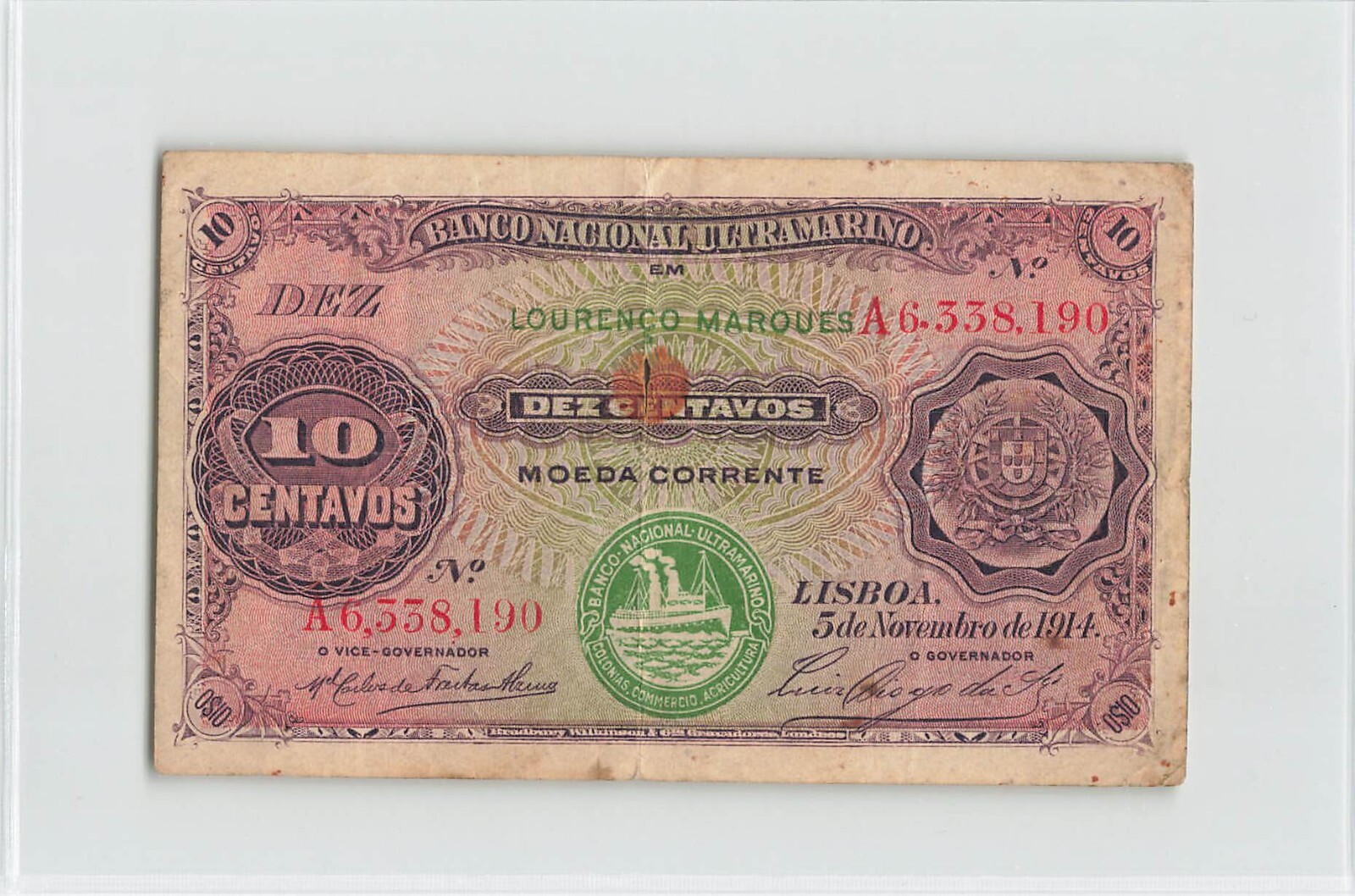 MOZAMBIQUE 10 Centavos 1914, P-59 Seal Type III, VF (Rust, Split).
