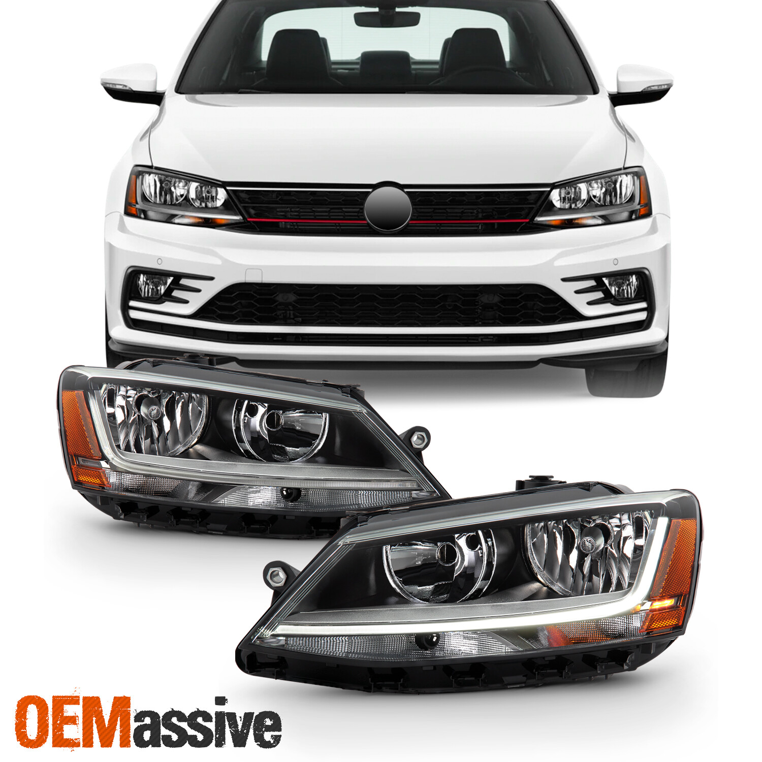 For 2017-2018 Jetta Halogen Type w/LED DRL Model Headlamps Light Tube Left+Right