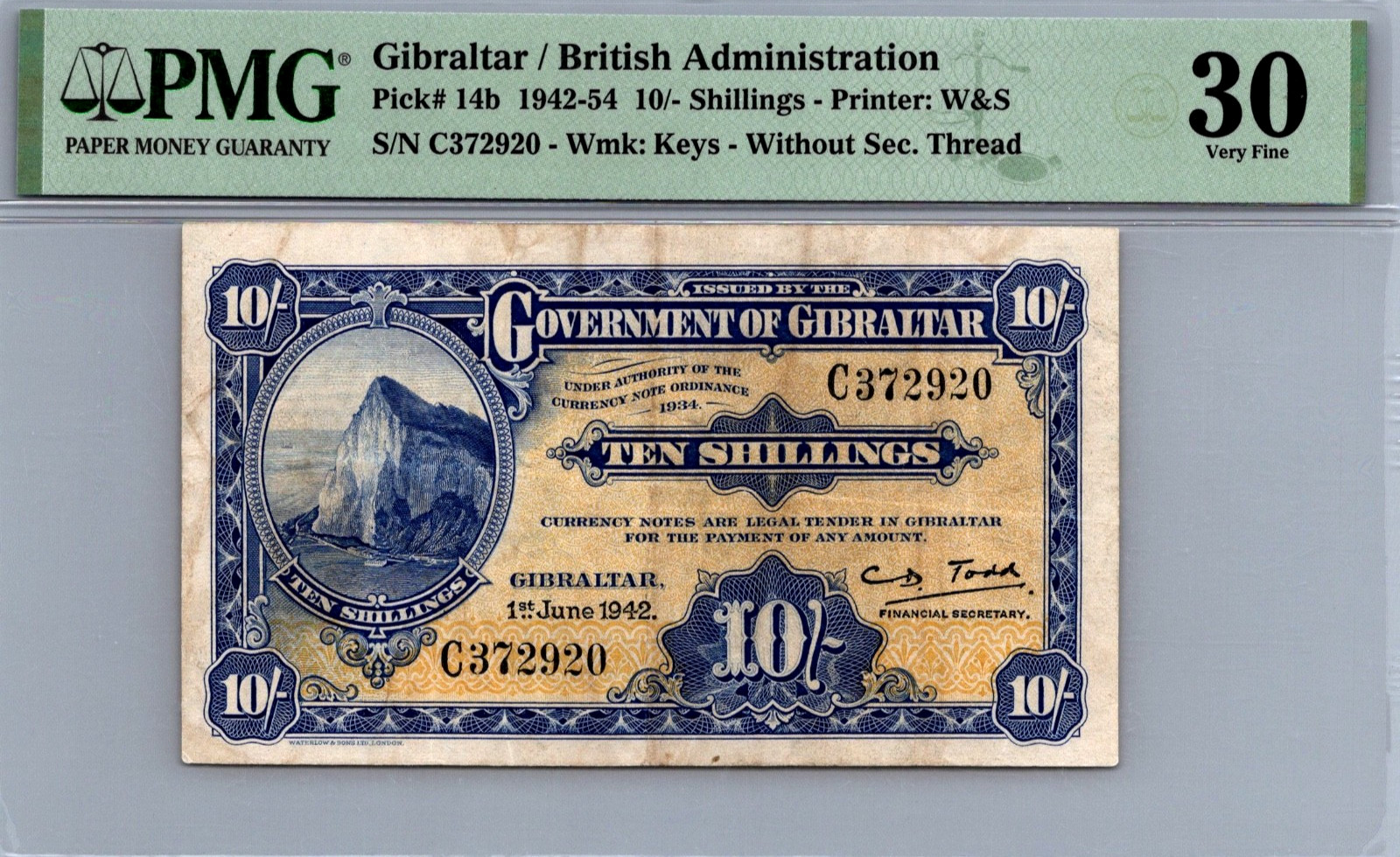 Gibraltar 10 Shillings 1942 PMG 30 Pick # 14b VF