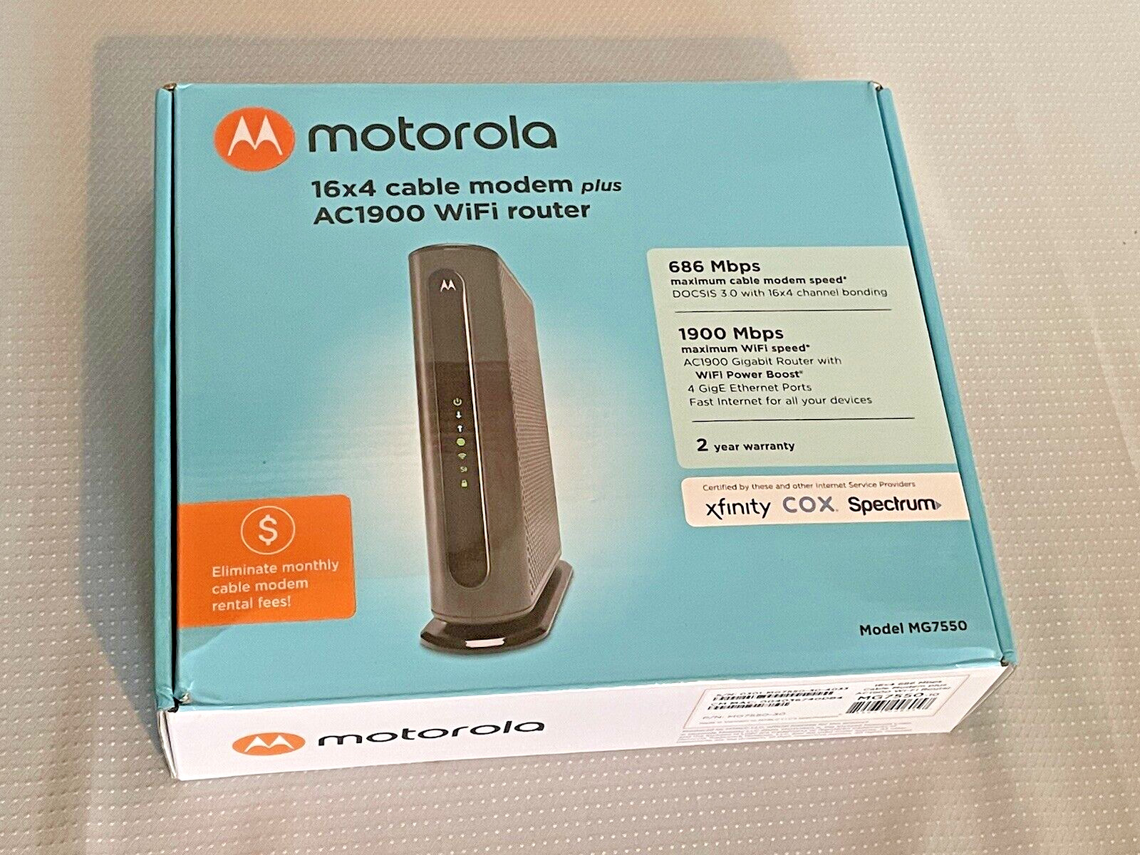 Motorola AC1900 Wifi Router 16x4 Cable Modem Model MG7550