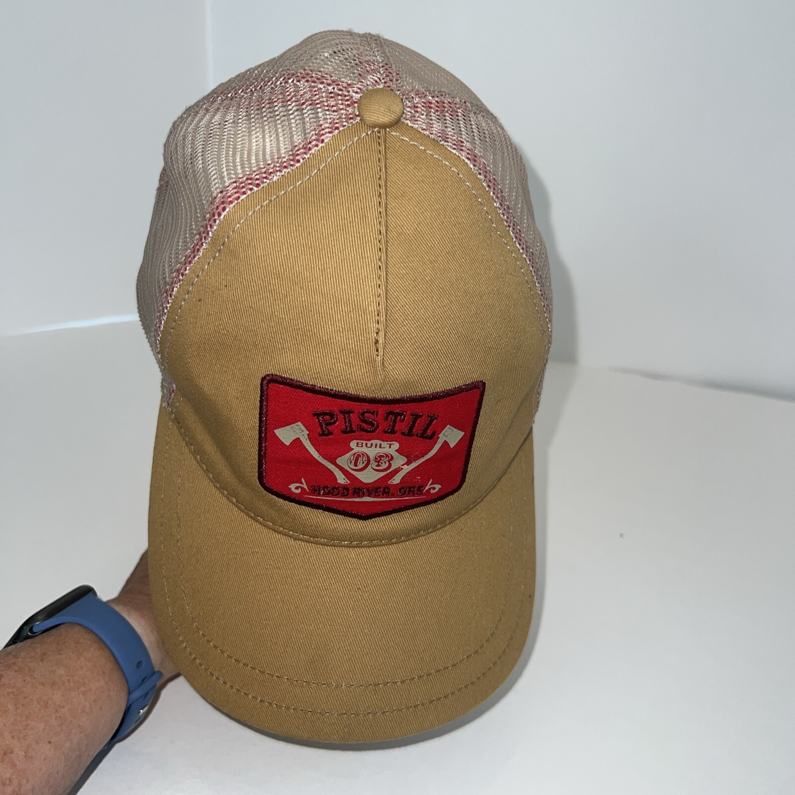 PISTIL Built 03 Hood River ORE Hat Cap Trucker with Gold fabric, Tan Mesh Red