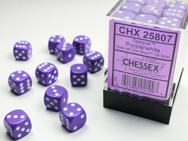 Chessex Dice - Purple with White Opaque Set of 36, 12MM, d6 Dice Set CHX25807