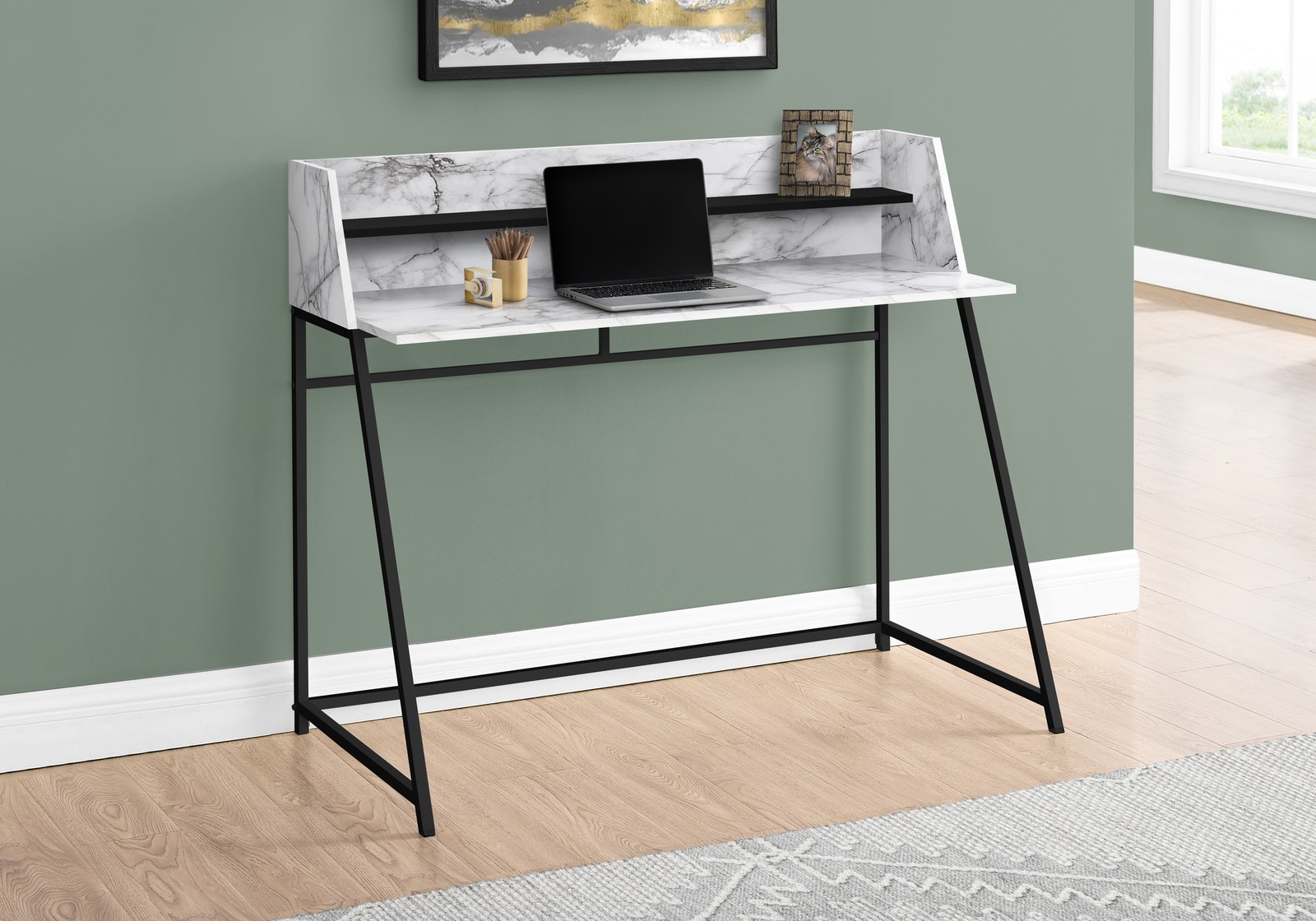 Computer Desk, Home Office, Storage Shelves, White Marble Look Laminate