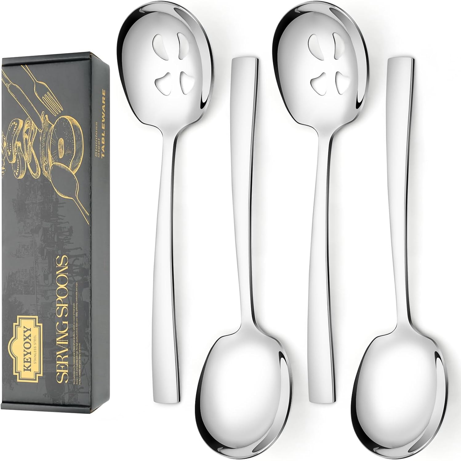 4 Piece Stainless Steel Serving Spoon Set - 2 Large Spoons, 2 Slotted, Dishwa...