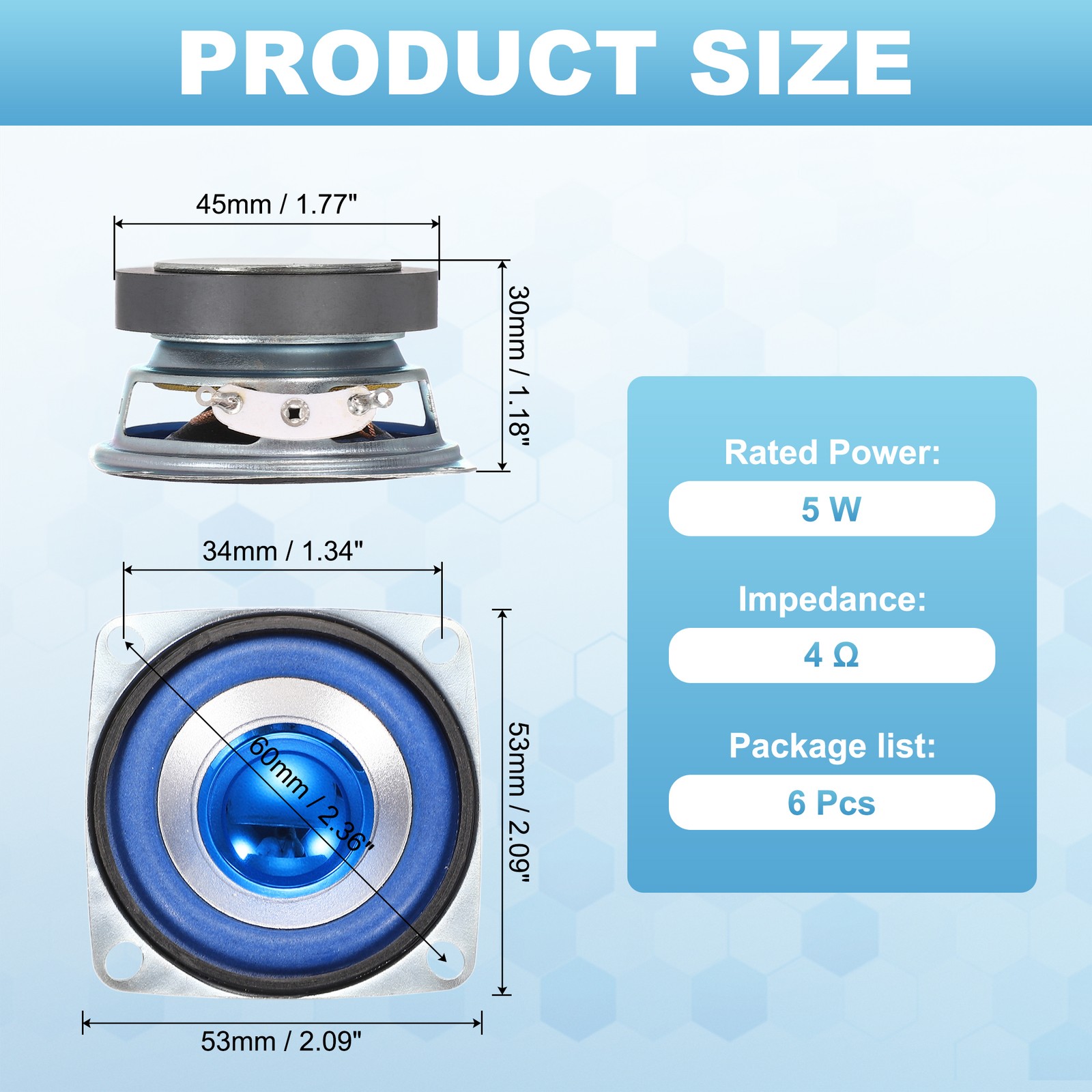 6Pcs 5W 4Ohm Small Speakers Square Micro External Magnet Speaker 45mm Blue