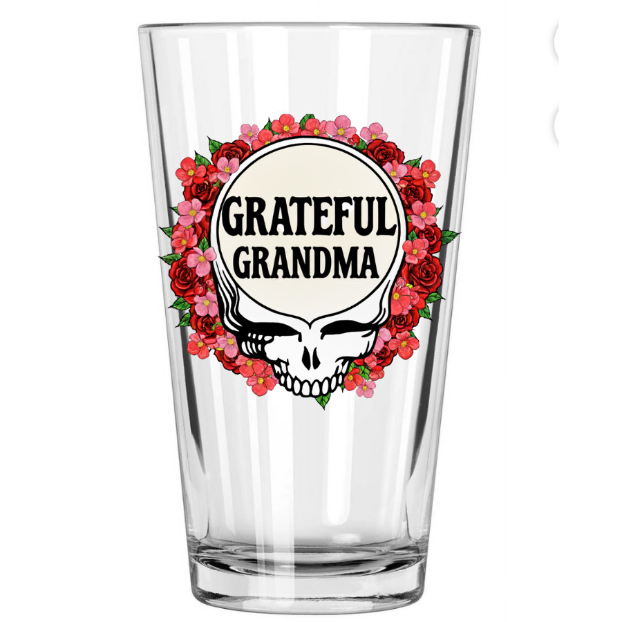 Grateful Dead  Steal Your Face GRATEFUL GRANDMA roses begonias Pint Glass 16 0z