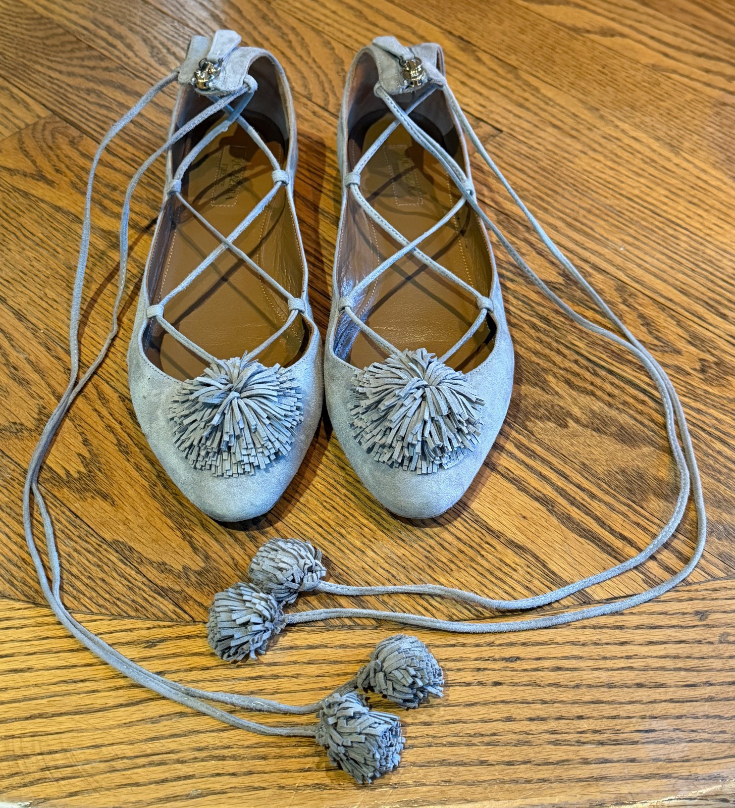 Aquazzura Sunshine Pom Pom Lace-Up Ballet Flat Suede Made Italy Sz US 9 EU 40