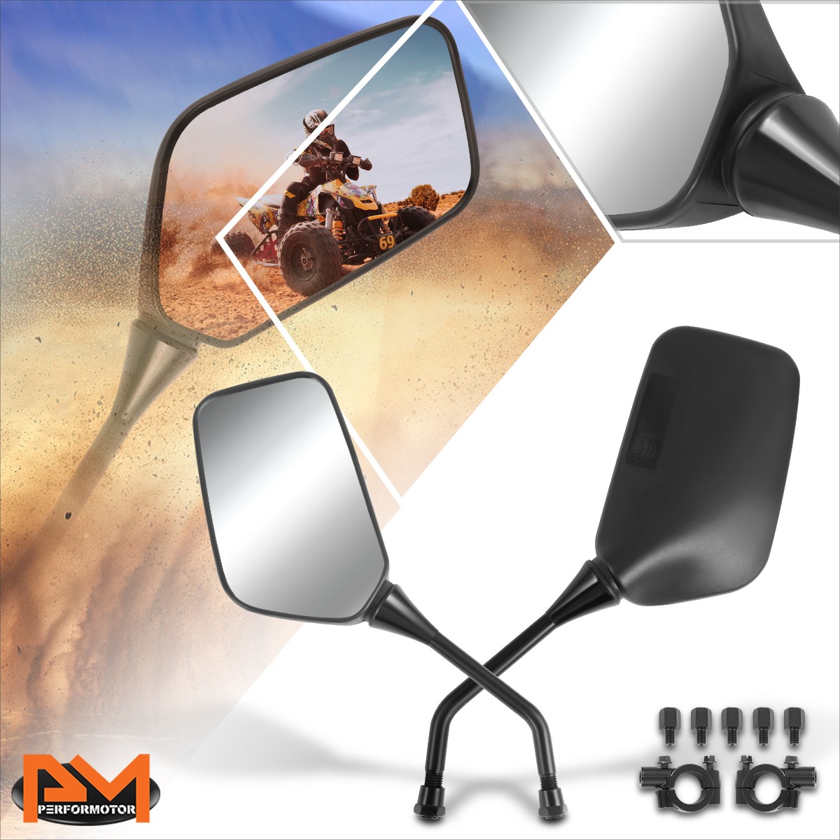 Universal Textured Regular Convex ATV Handlebar Mount Bolt-In Side View Mirrors