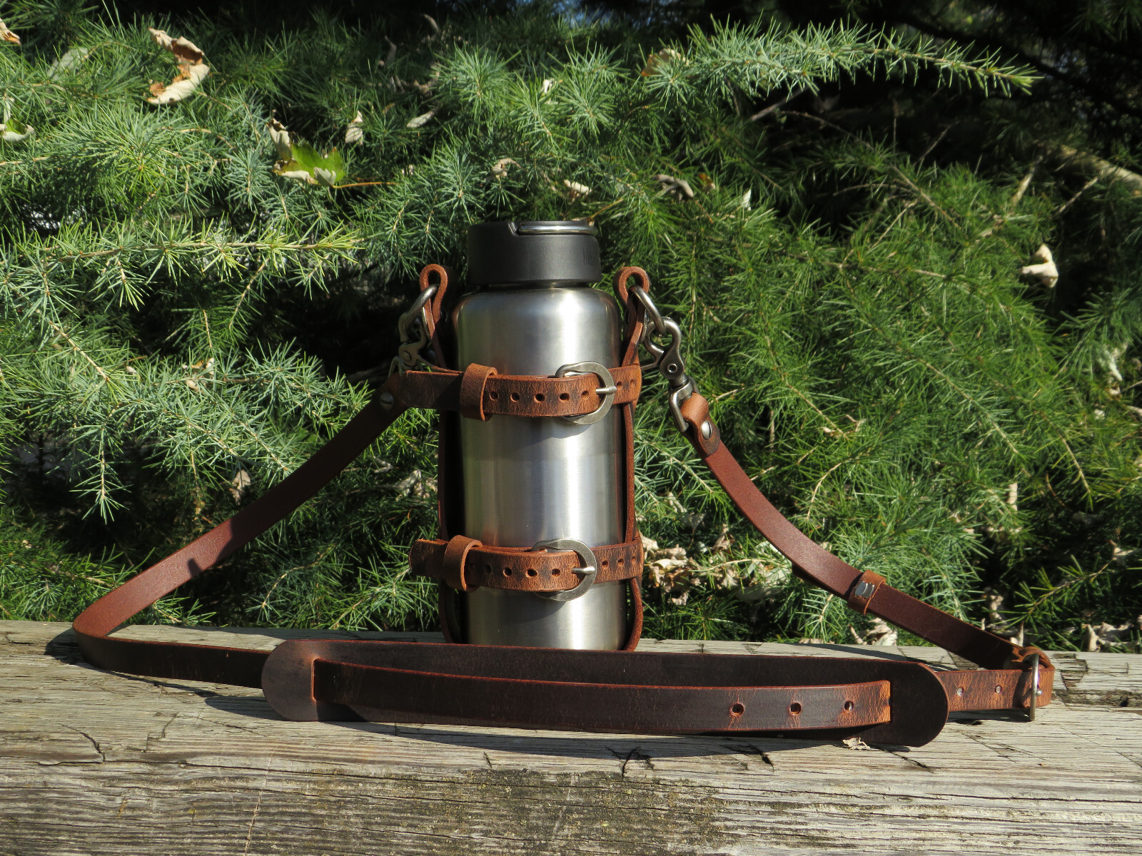 Full Grain leather water bottle holder, bottle carrier hand made adjustable