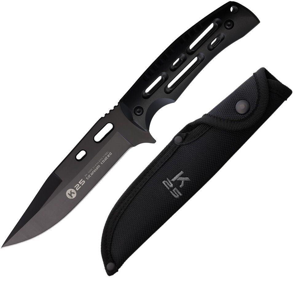 K25 Tactical Fixed Knife 5.25" Stainless Steel Full Blade Black Aluminum Handle