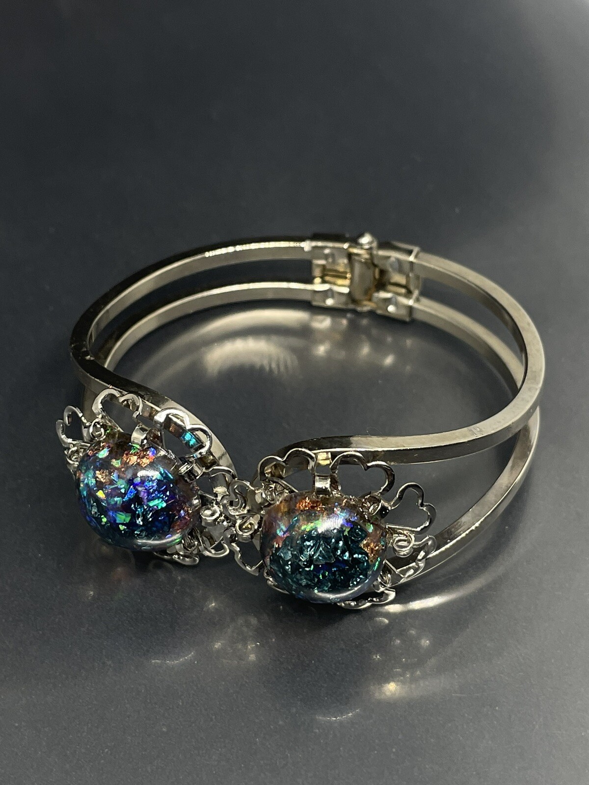 Artisan Handmade SilverTone MultiColor Epoxy Flowers 6.5” Hinged Cuff Bracelet