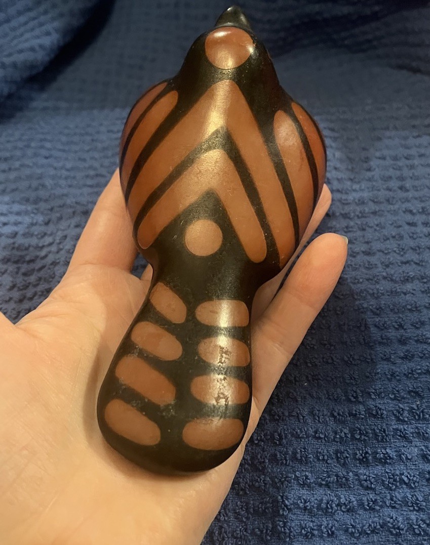 Vintage Chulucanas Signed Peruvian Pottery Dove Bird Figure Black Rust Orange