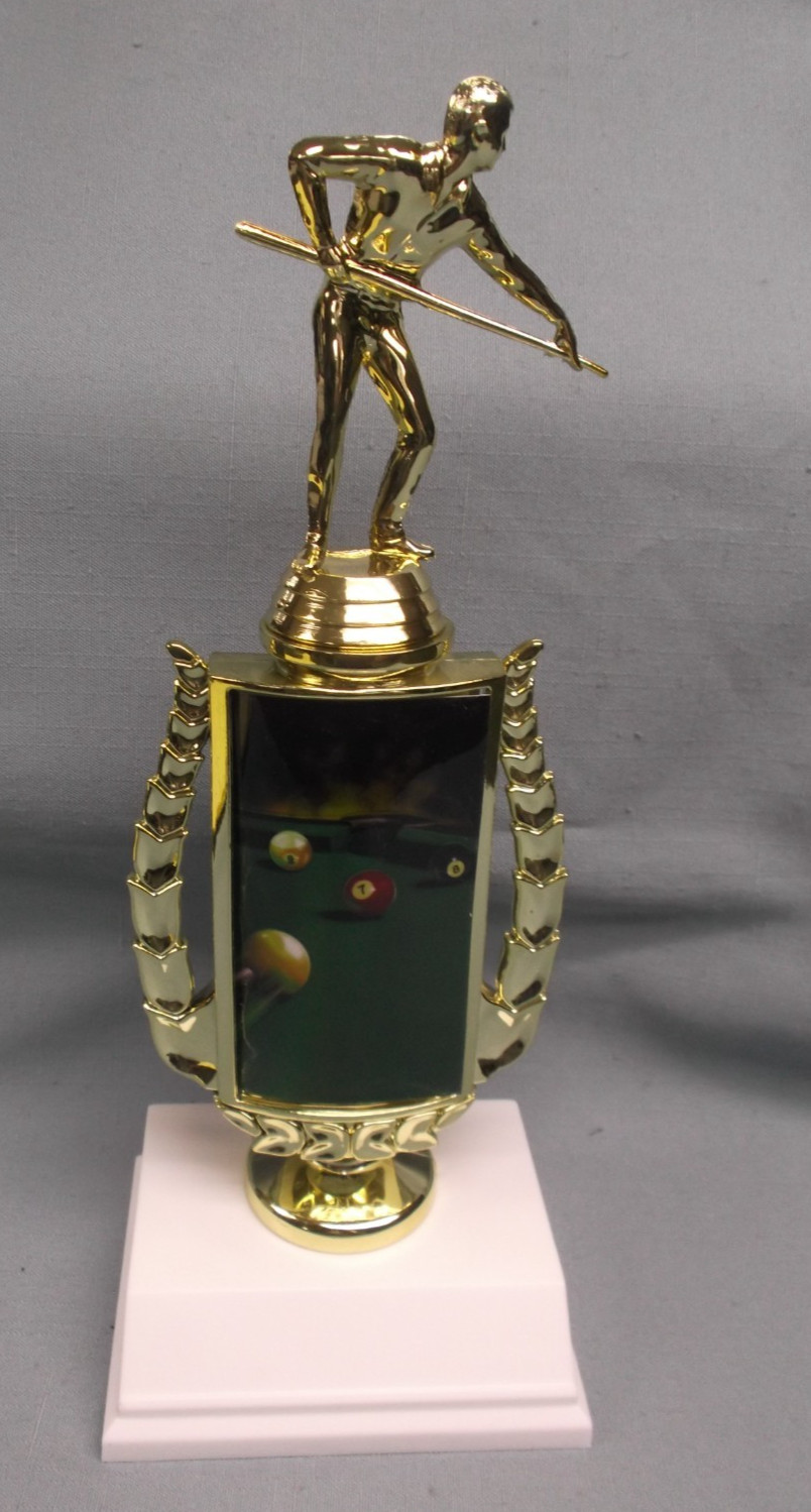 male pool billiards color insert riser trophy award weighted white base