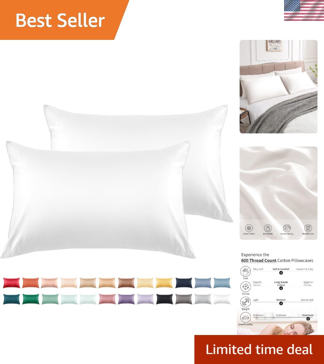 Soft and Durable Cotton Pillow Cases, Set of 2 - 600TC for Luxurious Comfort