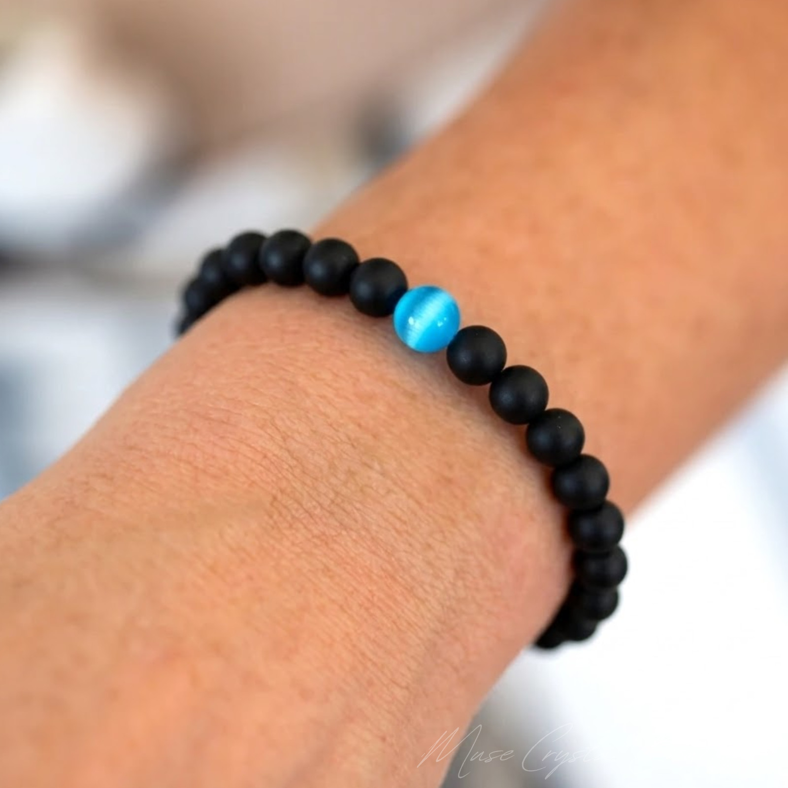 Natural Black Onyx & Blue Cat Eye Bracelet Protection Crystal Dainty Chakra Gift