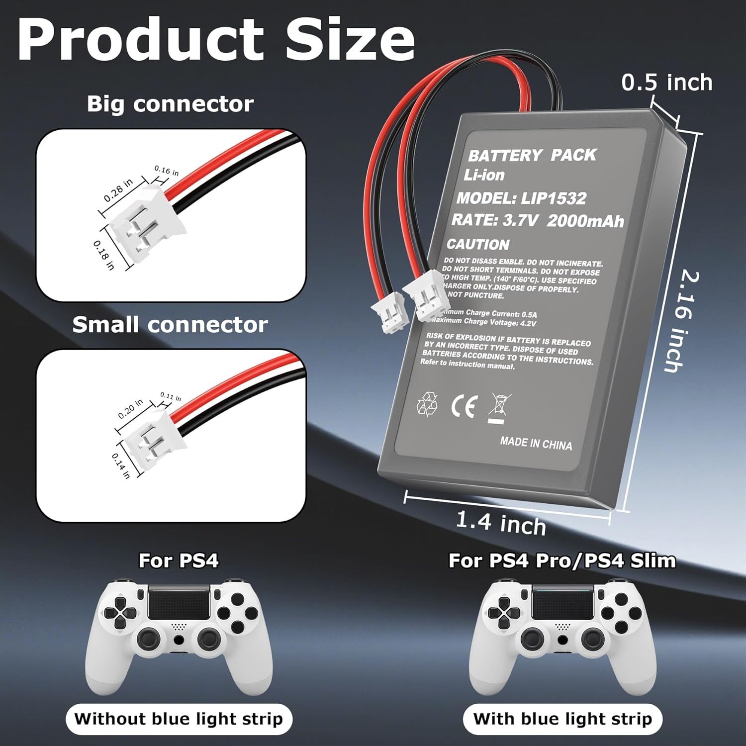 2 Pack 2000mAh Batteries for PS4Pro/PS4Slim Controller,Replacement Lithium Ba...
