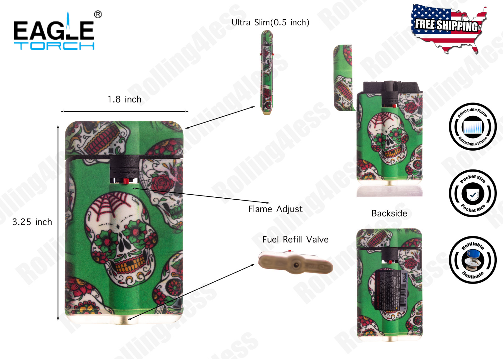 Eagle Torch Sugar Skull Design Ultra Slim Butane Refillable Torch Lighter | 4 PC