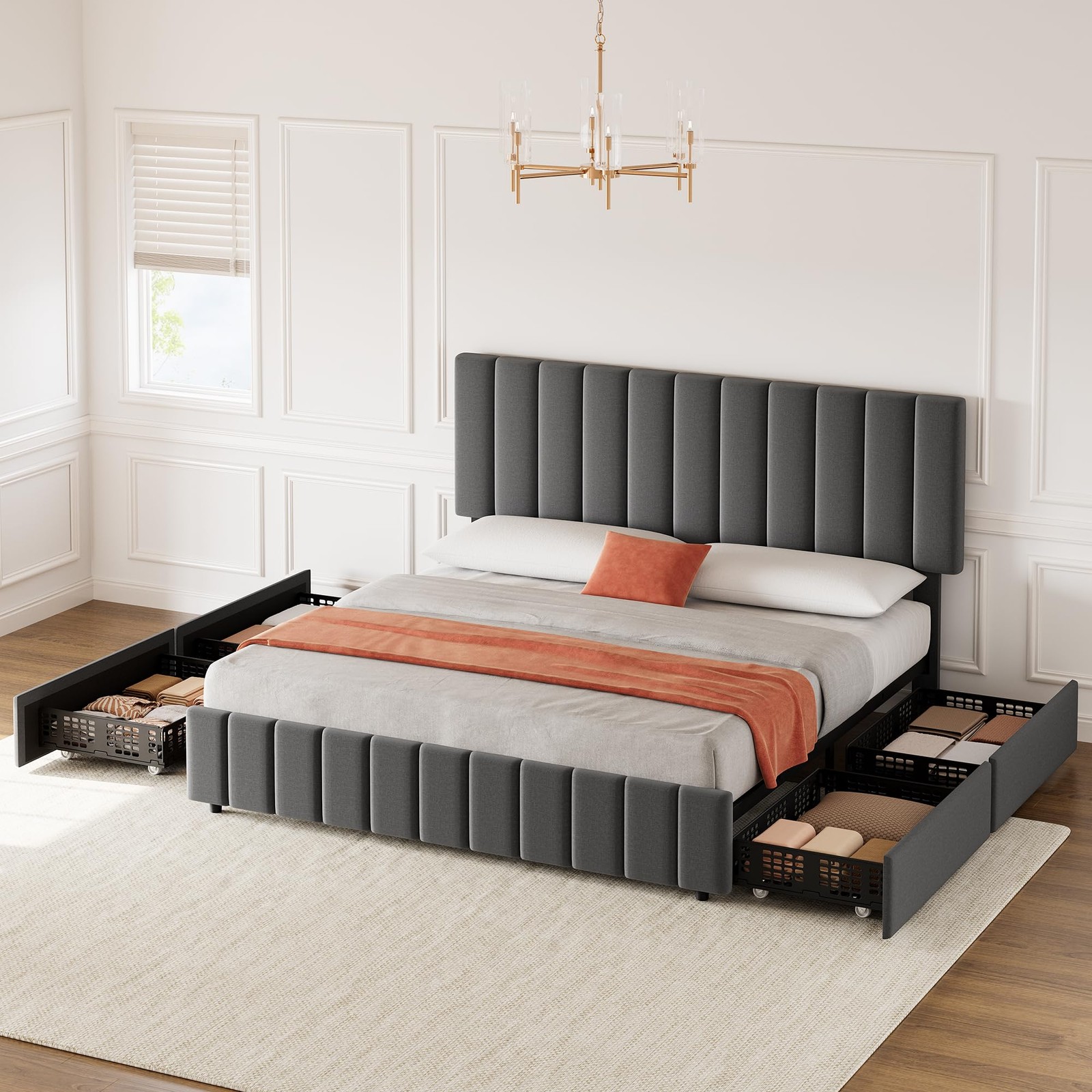 Full Size Bed Frame w/ Adjustable Headboard & 4 Drawers Upholstered Platform Bed