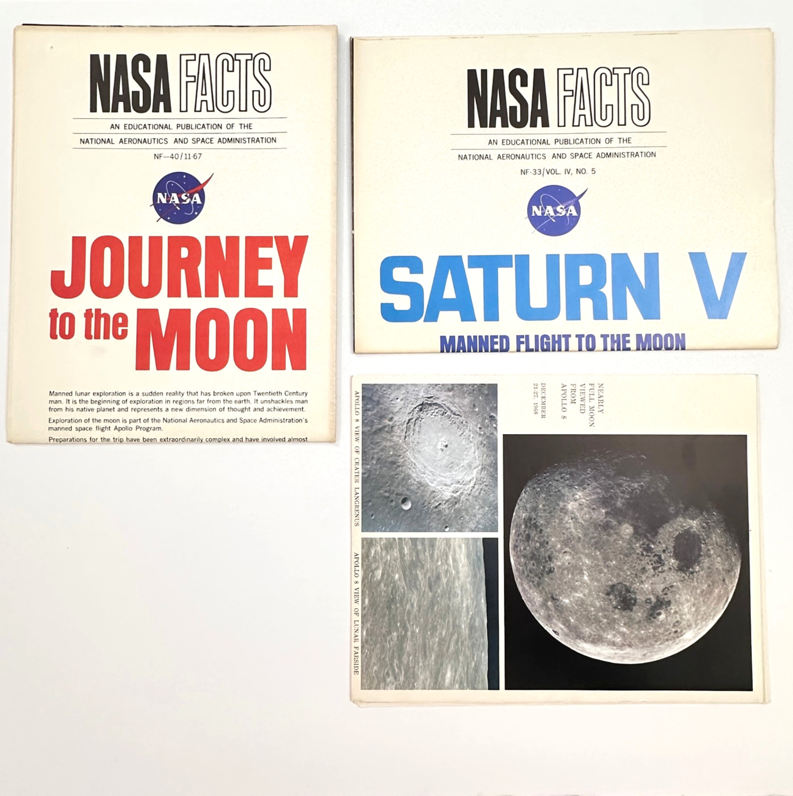 2 NASA Facts Posters 1967 Journey to the Moon And Saturn V Manned + Pictures