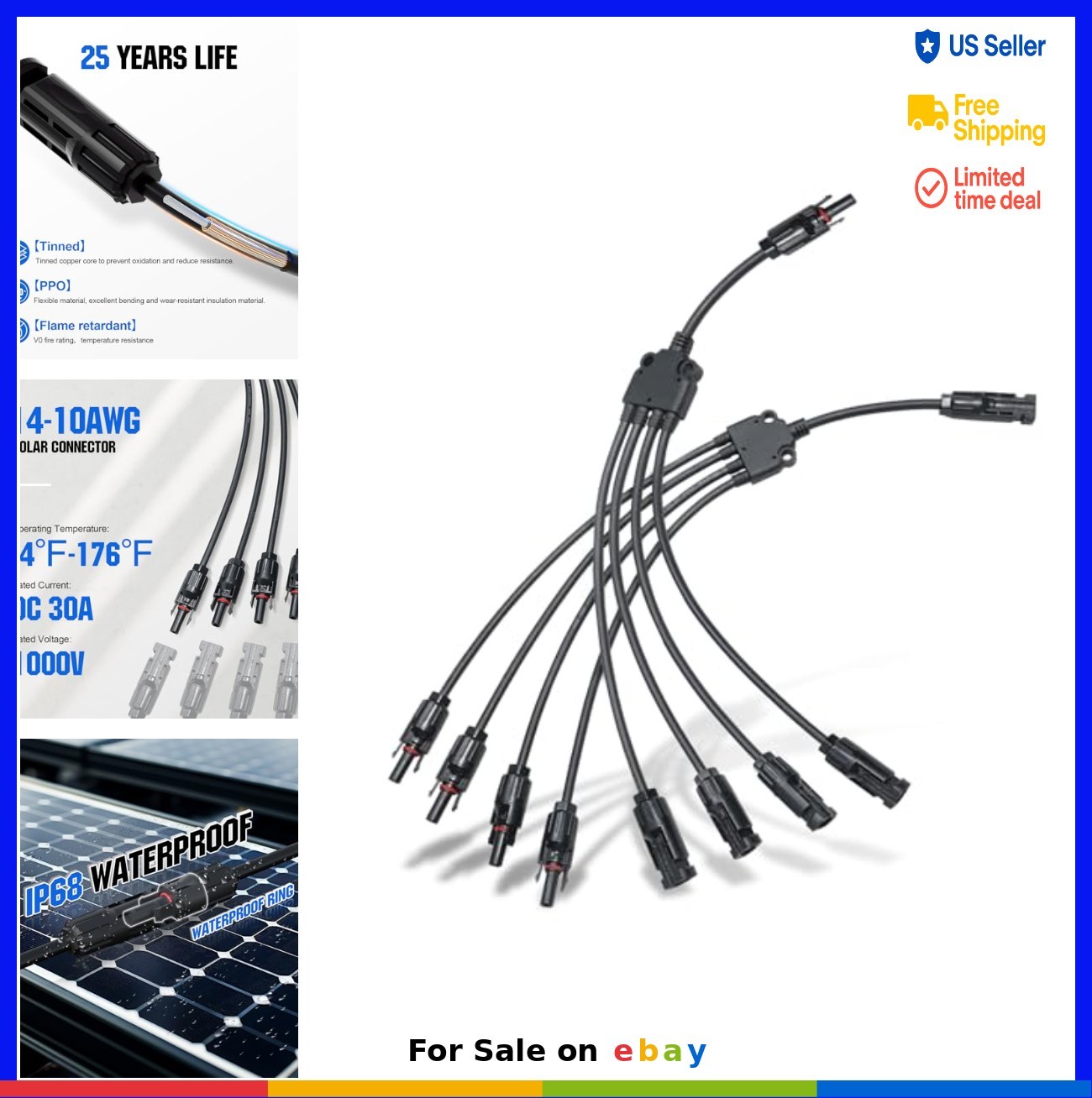 Solar Y Branch Connector 1 to 4 Parallel Adapter Cable 30A 1000V IP67