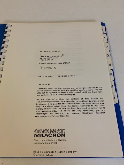 Cincinnati Milacron Technical Manual for Acraread L & LS Tape Reader