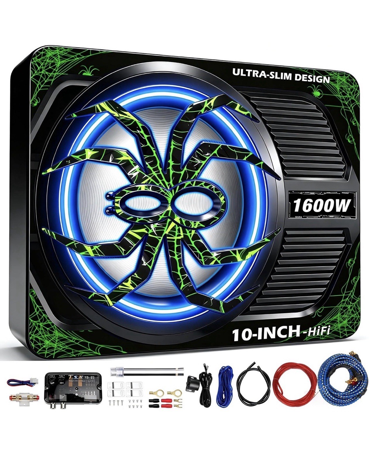1600W Car Subwoofer, 10" Ultra-Thin Under-Seat Subwoofer w/ Built-in Amplifier