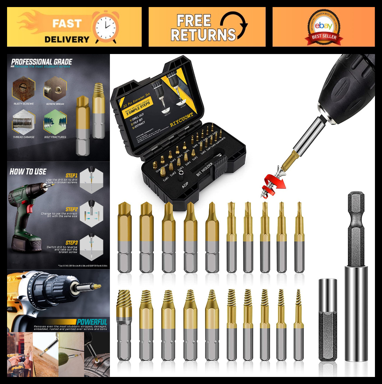 22Pcs Titanium Screw Extractor Set - Stripped Head Remover Tools for Rusty Bolts