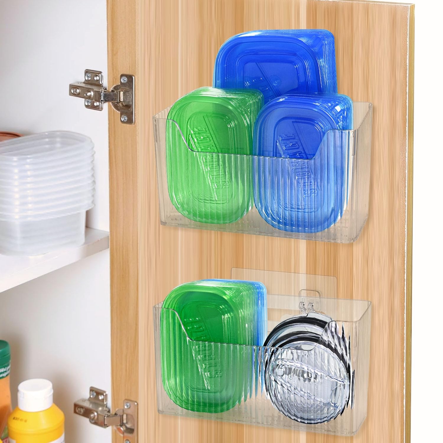 2 Pack Adhesive Cabinet Door Organizer Storage Caddy, Clear Lid Organizer Ins...