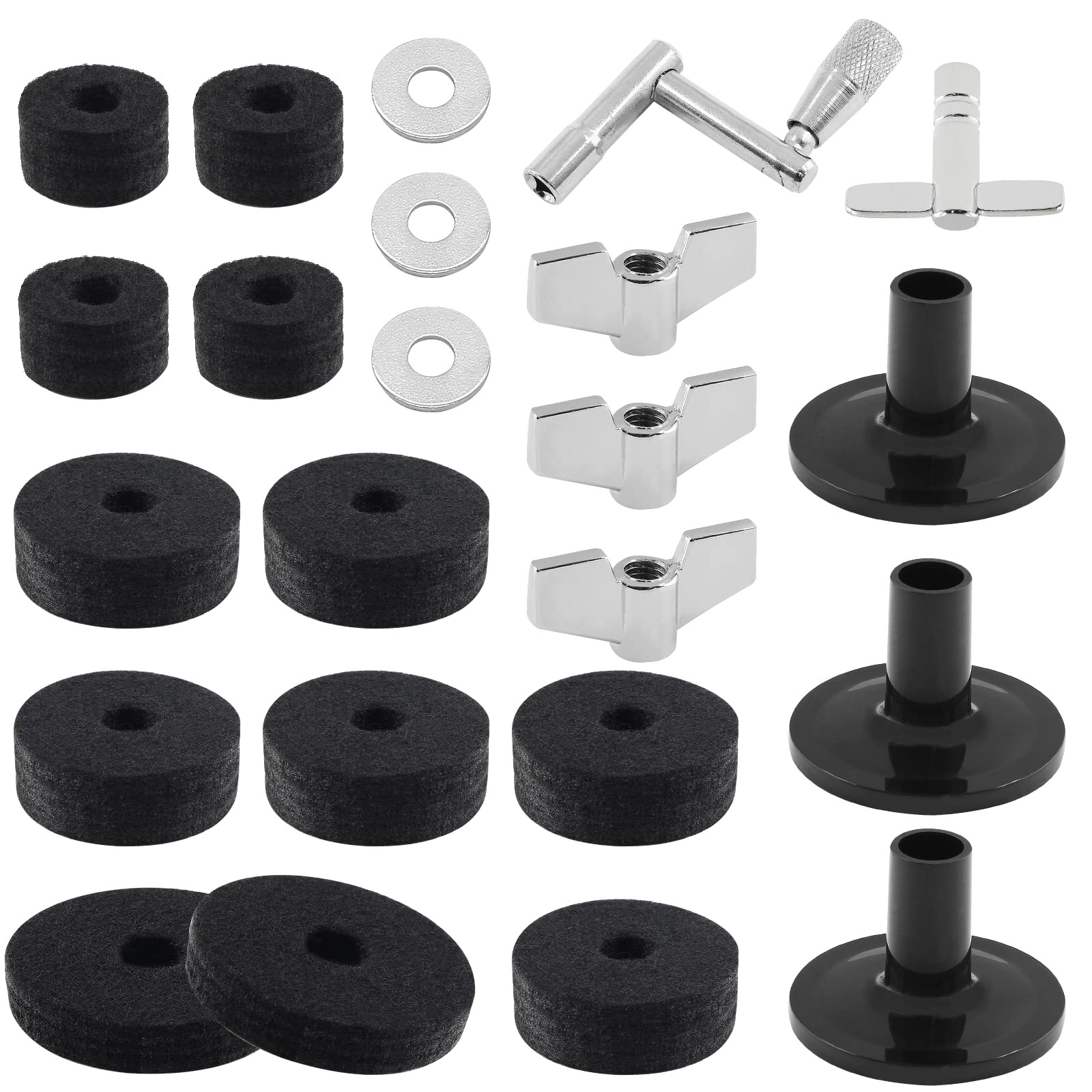 23 PCS Black Cymbal Replacement Kit Felts Sleeves Nuts Washers Drum Key