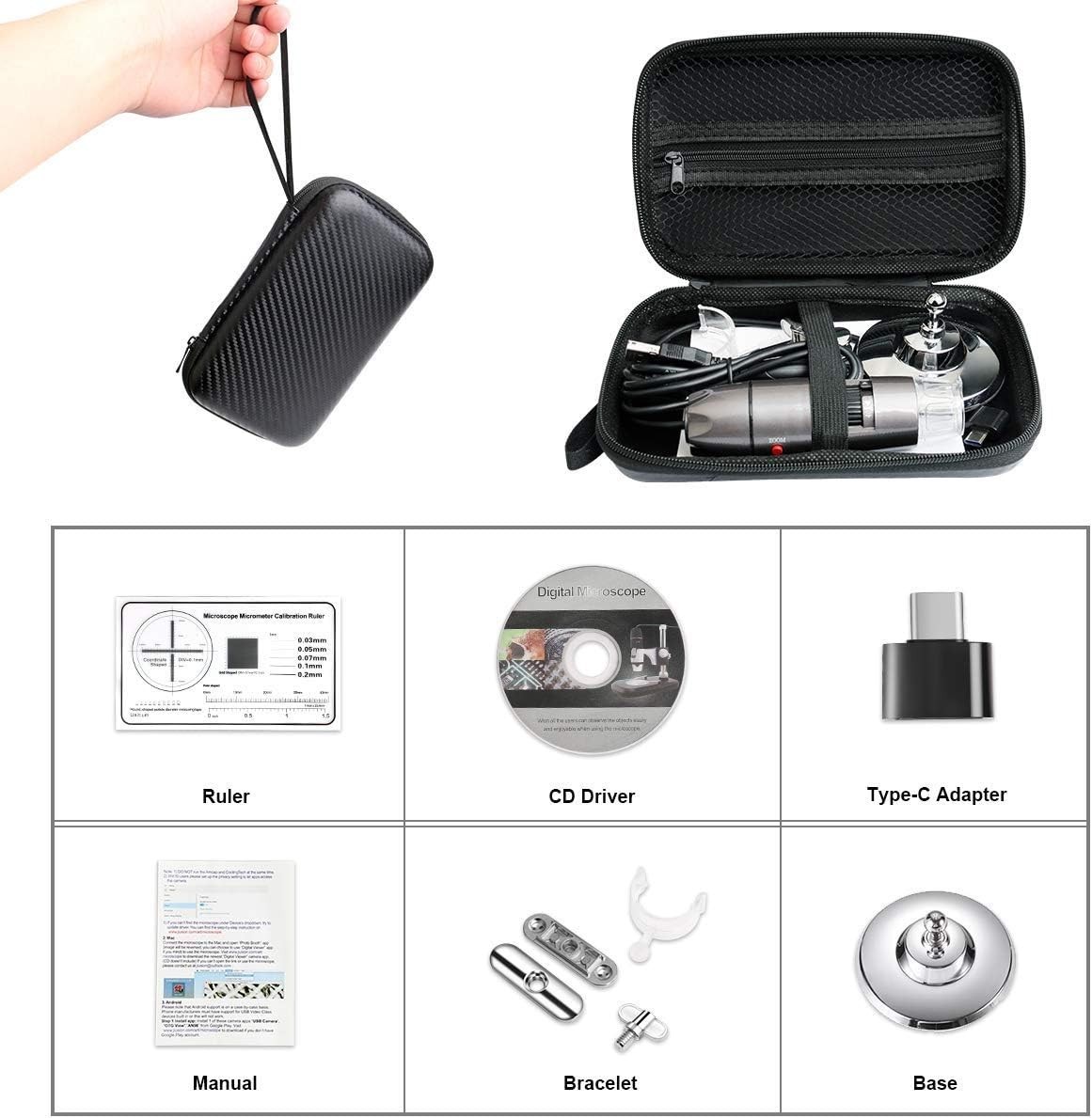 USB Microscope Camera with Stand & Carrying Case, Digital Microscope Compatib...