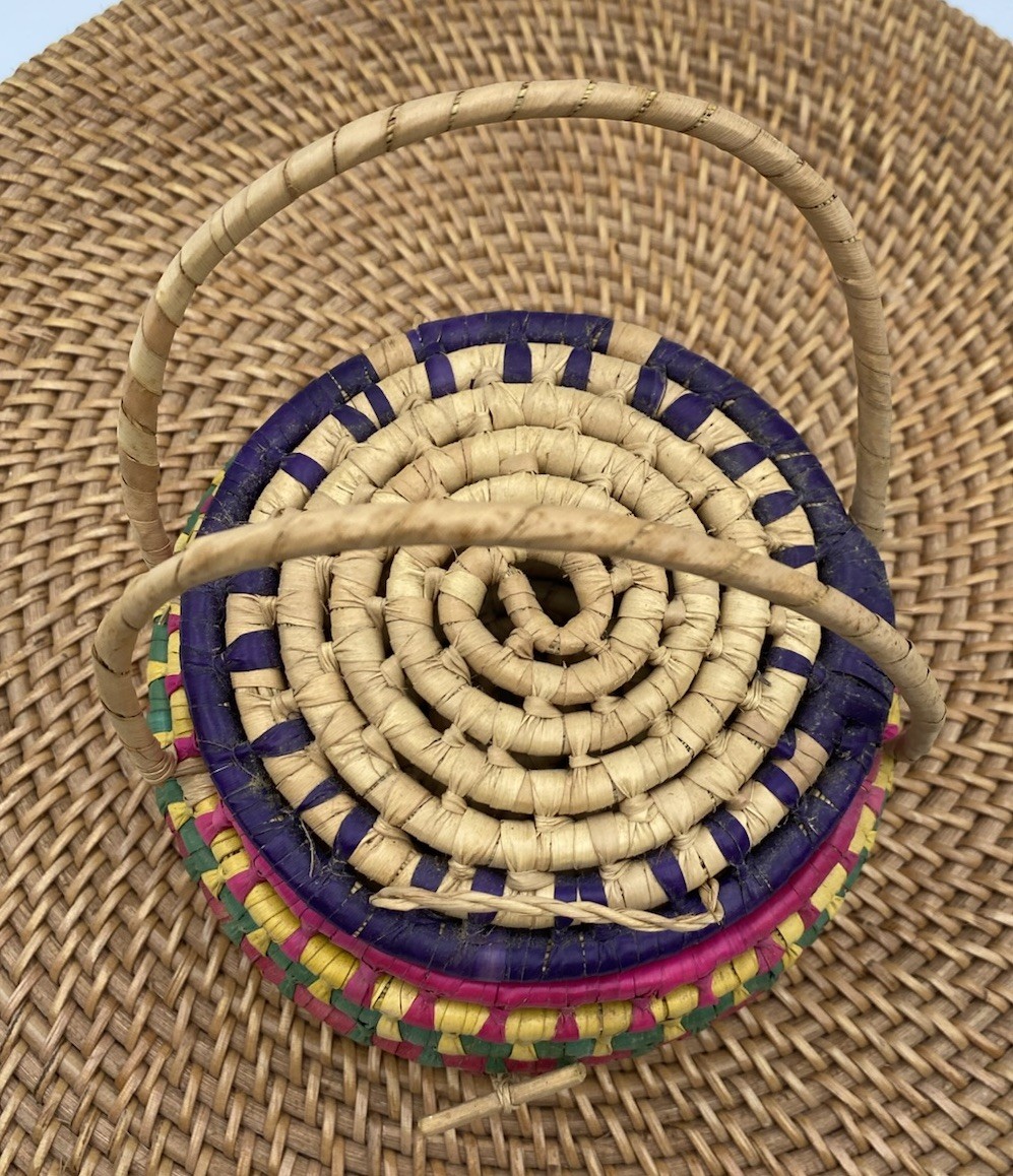 Hand Made Round Lidded Basket With Handles Locking Multi Color