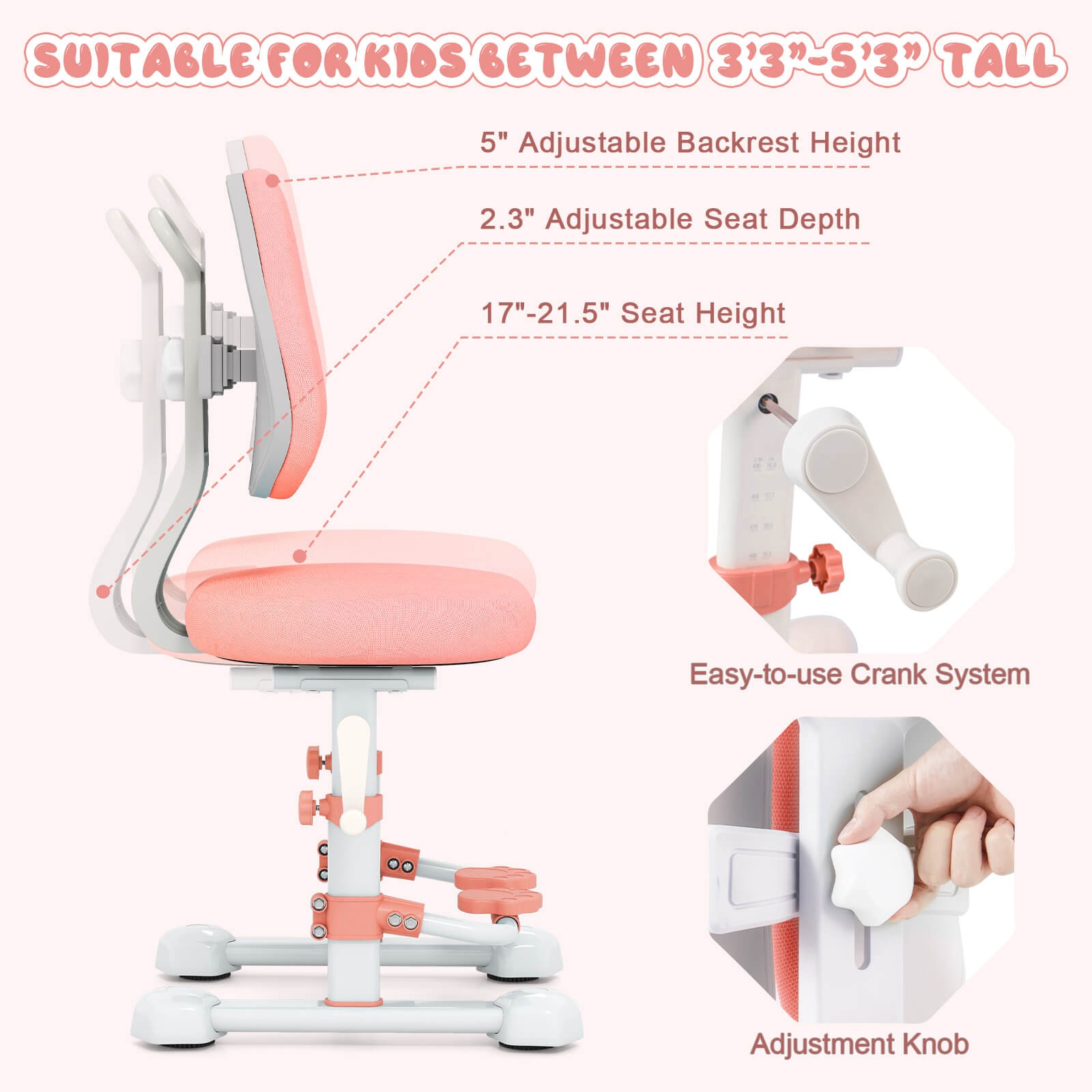 Kids Study Chair w/Adjustable Double Backrest Footrest Seat Height & Depth