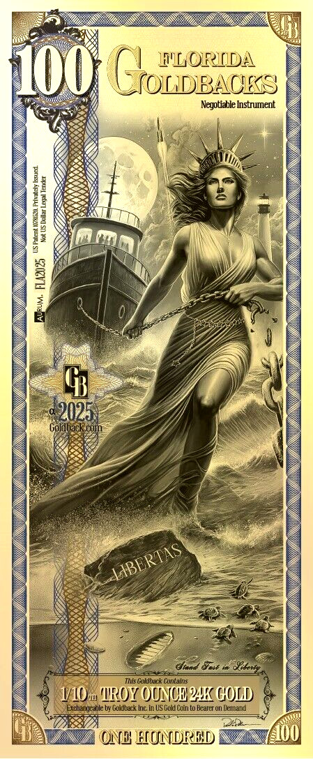 100 FLORIDA Goldback ALPHA Aurum Gold Foil Note 1/10 oz 24kt .999 Fine IN STOCK!