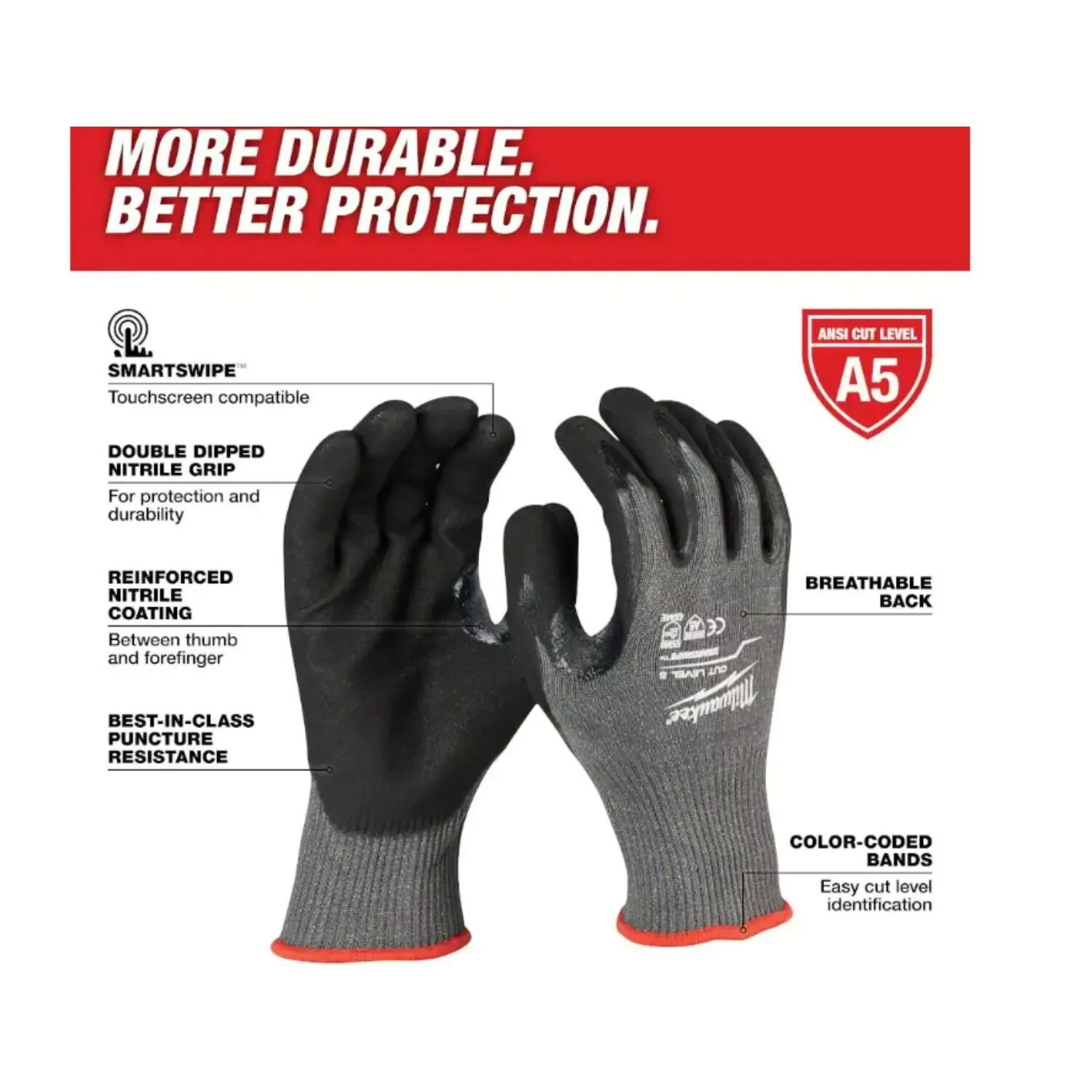 Milwaukee 48-22-8951 Level 5 Cut Resistant Dipped Work Gloves (8M) Medium Gray