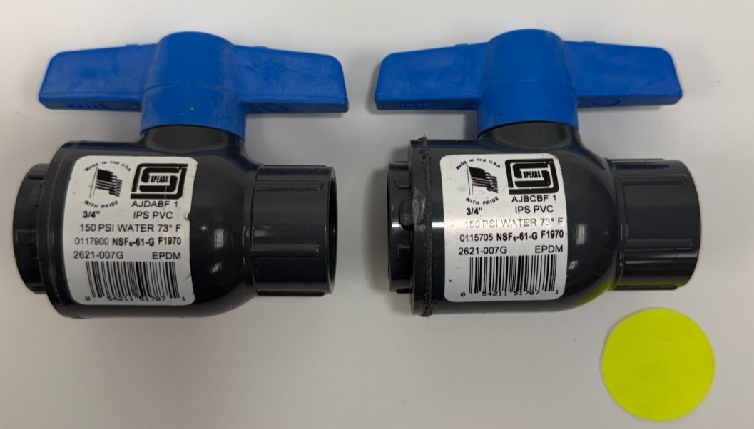 PVC ON/OFF VALVE FOR DRINKING WATER PTFE/HDPE SEAT 3/4" FNPT LOT OF 2