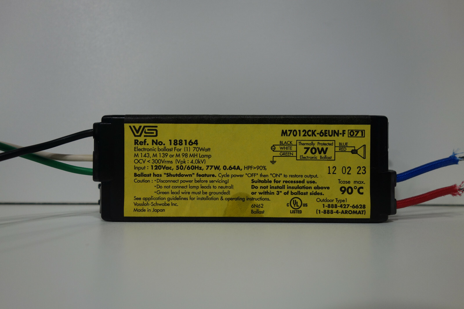 METAL HALIDE BALLAST M7012CK-6EUN-F 70 watt. grade B No longer made! IN STOCK