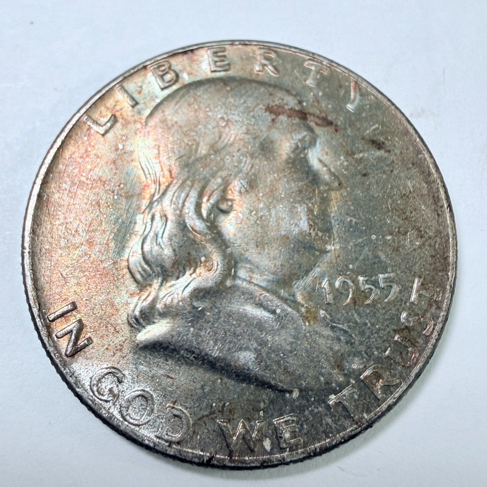 1955 Toned Franklin Half Dollar-90% Silver- ABOUT UNCIRCULATED CONDITION #10590